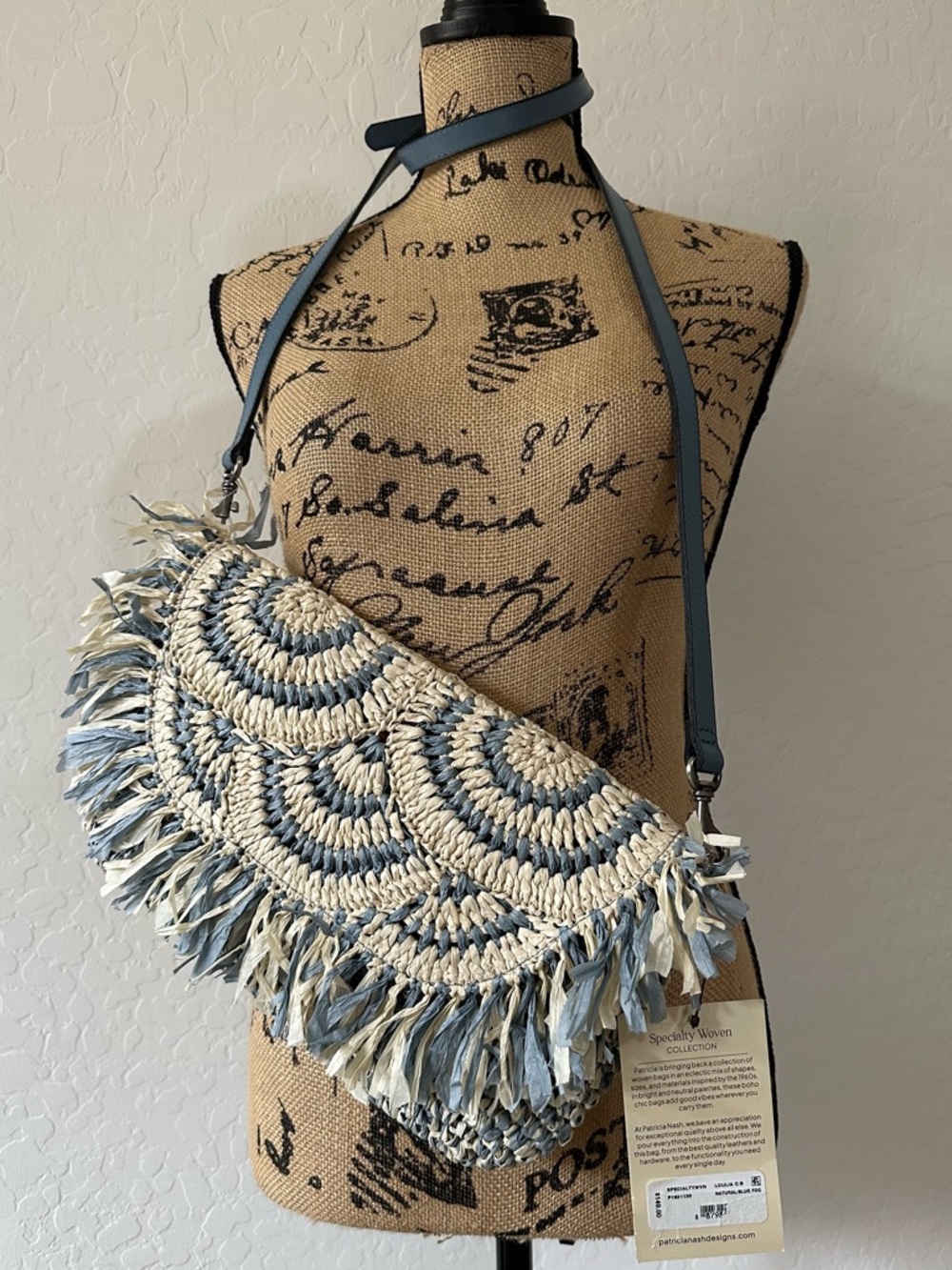 NWT Patricia Nash Loulia Clutch Woven Straw Crossbody with Leather Trim Blue